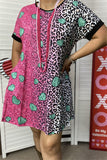 XCH14530 Paisley & Leopard fuchsia/teal heart multi color printed short sleeve women dress