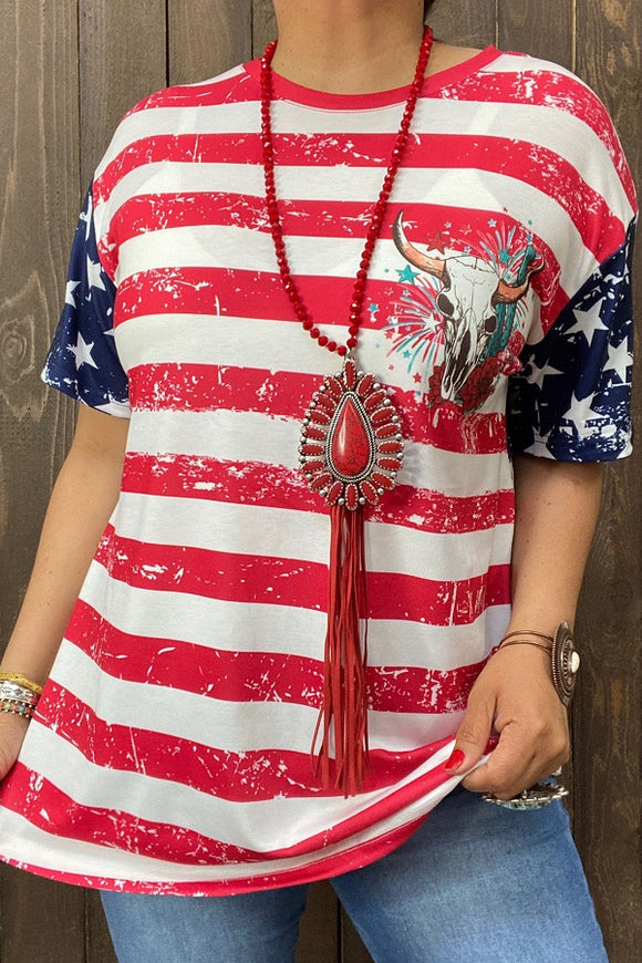 XCH14955 Red striped&stars multi-color printed short sleeves women tops