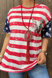 XCH14955 Red striped&stars multi-color printed short sleeves women tops