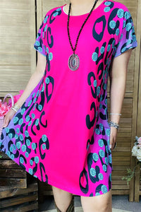 XCH14283 Black/turquoise diamond fuchsia printed short sleeves for women dresses w/side pockets  (GS11)