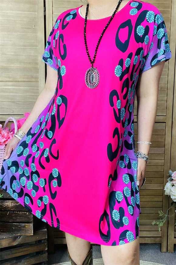 XCH14283 Black/turquoise diamond fuchsia printed short sleeves for women dresses w/side pockets  (GS11)