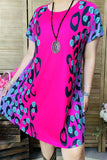 XCH14283 Black/turquoise diamond fuchsia printed short sleeves for women dresses w/side pockets  (GS11)