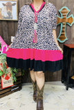 GJQ15746 Leopard printed fuchsia/black solid color short sleeve women dress w/side pockets