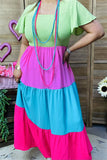 BQ14640-1 Green/pink/blue/fuchsia women long dress w/elastic upper short sleeve/ruffle w/side pockets