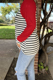 BQ15480 Black/white stripe printed solid red long sleeve women top w/raglan design