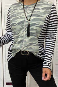 GJQ10277 Camo with black/white striped long sleeve women top