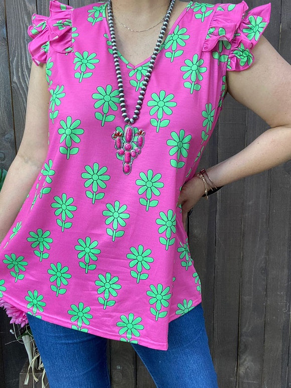 YMY13365 Floral mint color printed on the fuchsia background ruffle short sleeves women tops