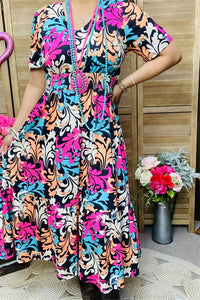 BQ15999 Multi color paisley printed short sleeve women dress w/waist elastic band