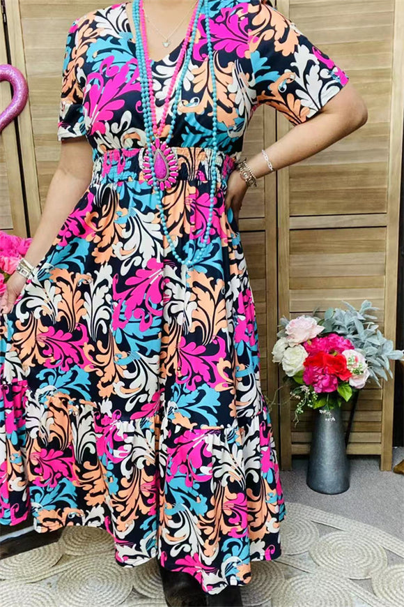 BQ15999 Multi color paisley printed short sleeve women dress w/waist elastic band