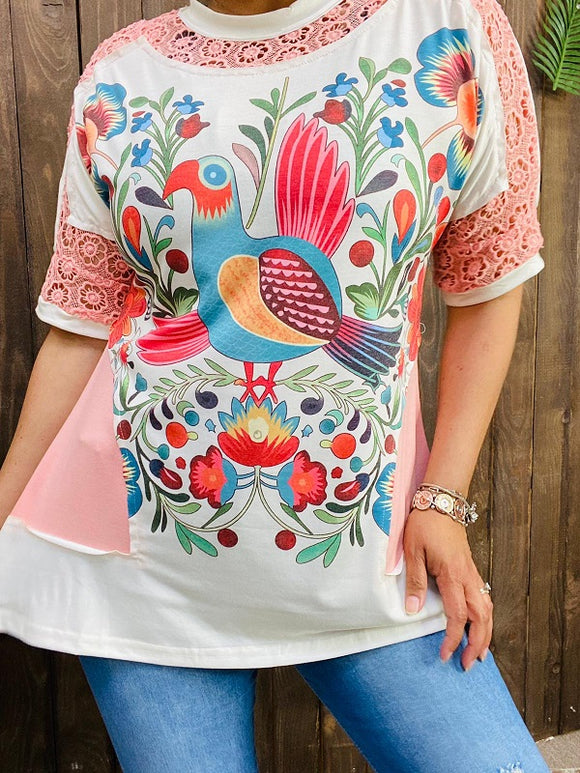 Multi-color printed/lace short-sleeves women top BQ14811