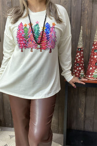 DLH15334 Christmas tree graphic multi color printed long sleeve beige women tops