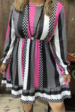 GJQ15313 Dots&multi color striped printed long sleeve w/elastic ruffle cuff w/side pockets women dress