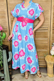 XCH15912 Fuchsia multi color floral printed short sleeve w/double trim long women blue dress w/side pockets