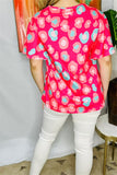 BQ15248 Coral&mint multi color circle graphic printed short bell sleeve women fuchsia tops