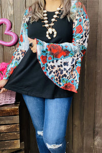 GJQ15193 Floral&Leopard multi color printed  raglan long bell sleeve women black tops (HS1)