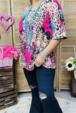 BQ15866 Leopard&fuchsia/teal floral multi color printed short sleeve women tops