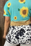 XCH13234 Sunflower turquoise&leopard multi color printed short sleeves women tops