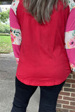 GJQ14619 Pink&Floral multi color printed long sleeve red block color raglan design women top