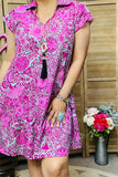 GJQ15958 Paisley&floral fuchsia color printed short sleeve w/ruffle V-neckline women dress