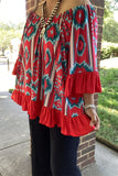 YMY15524 Mint/Turquoise/Red  printed short sleeve w/red ruffle trim&bottom loose neckline women blouse