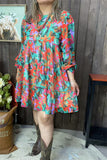 XCH15484 Multi color floral printed long sleeve w/elastic cuff loose women dress