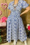 BQ15873 Blue circle graphic printed short sleeve women dress w/side pockets &waist elastic band