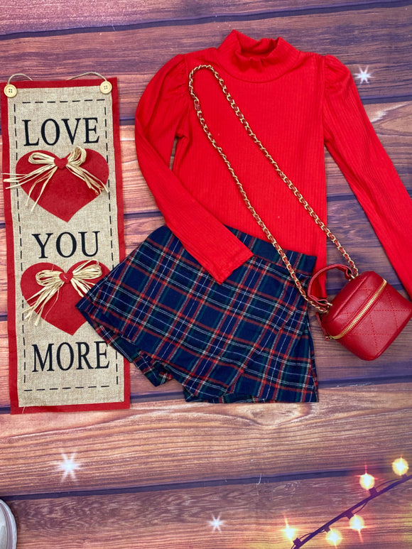 DLH2701 Red long sleeve top green/blue/red plaid skirt/shorts 2pc sets