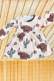 Bulls & Cactus & Stars print long sleeve dress DLH2865 (A2S3)