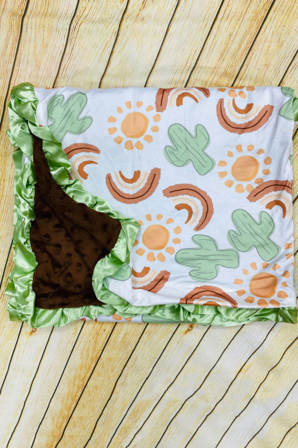 DLH2674 Sun & Cactus w/ brown minky with ruffle baby blanket
