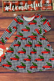 XCH0017-8H Kids Red truck & tree black/white plaid long sleeve dress