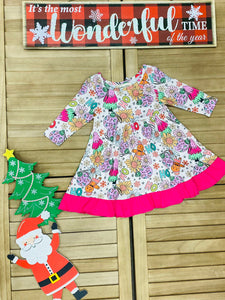 XCH0017-11H Flower & Ball & Ho multi color print long sleeve dress