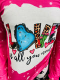XCH0018-13H Kids ”Love is all you need“ print top cow bell-bottom 2pc sets