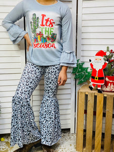 XCH0010-20H Kids "It is the season" gift & cactus print top bell bottom 2pcs sets