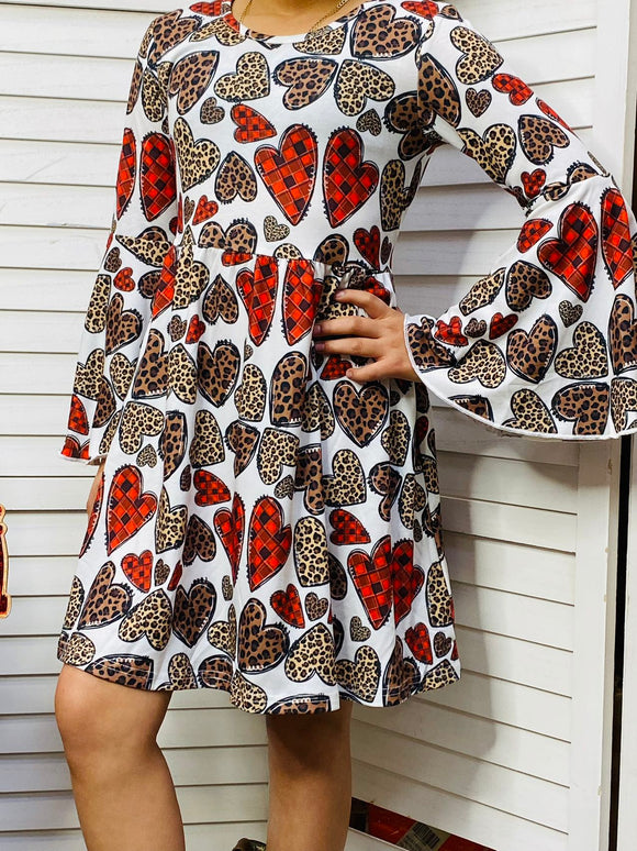 XCH0017-13H Kids Leopard & Plaid hearts Print Ruffle Long sleeve dress