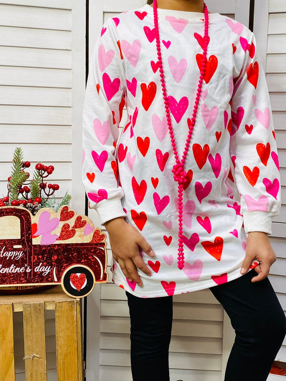 DLH2580 Kids Red Pink hearts print long style t-shirt