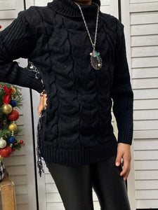 DLH2517 Black long sleeve girls knit sweater w/sequin fringe