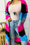 MY13392 Colorblock striped long style sweater cardigan w/pocket