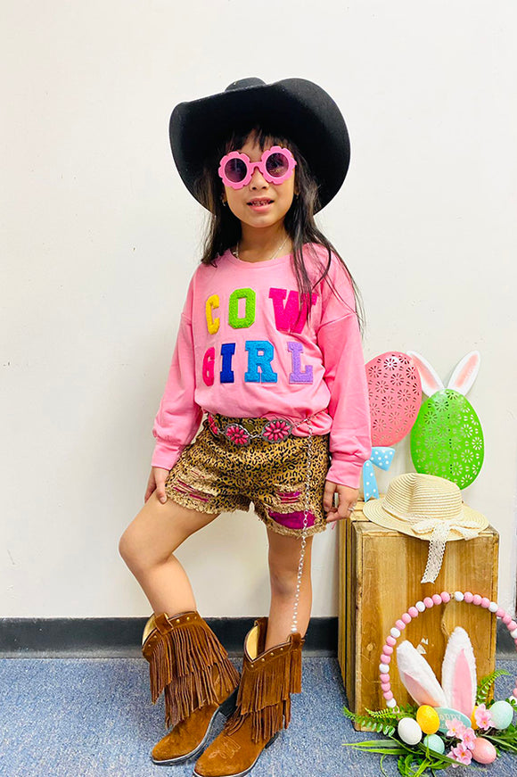 DLH2691 Kids COWGIRL embroidery pink long sleeve pullover girls top