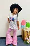 DLH2740 Kids PEACE LOVE AMERICA white top pink plaid pant 2pc girls outfit sets