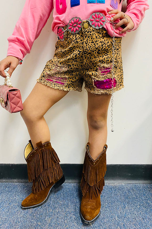 DLH2756 Kids Leopard prints & sequin patches girls denim shorts