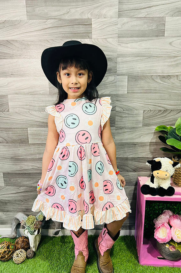 DLH2337 Multi color smiley face printed girl dress
