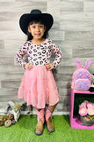 Kids pink leopard prints and chiffon long sleeve girls dressDLH2658 (A2S7)