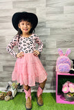 Kids pink leopard prints and chiffon long sleeve girls dressDLH2658 (A2S7)
