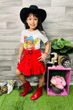 DLH2533 Kids bull prints white top red skirt 2pc girls sets