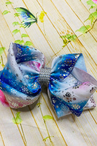 Silver glitter tie dye blue and pink double layer hair bows 7.5" with rhinestones(4PCS/$10.00)