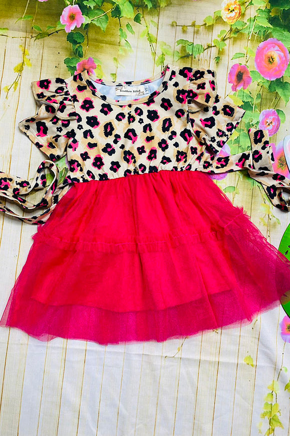 XCH0017-17H Kids pink leopard & chiffon swirl girls dress w/short sleeve