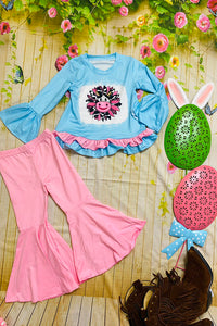 Kids blue & pink cow sunflower printed girls set DLH0913-15