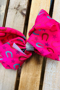 Pink horse shoe printed double layer hair bows 7.5" with rhinestones(4PCS/$10.00)