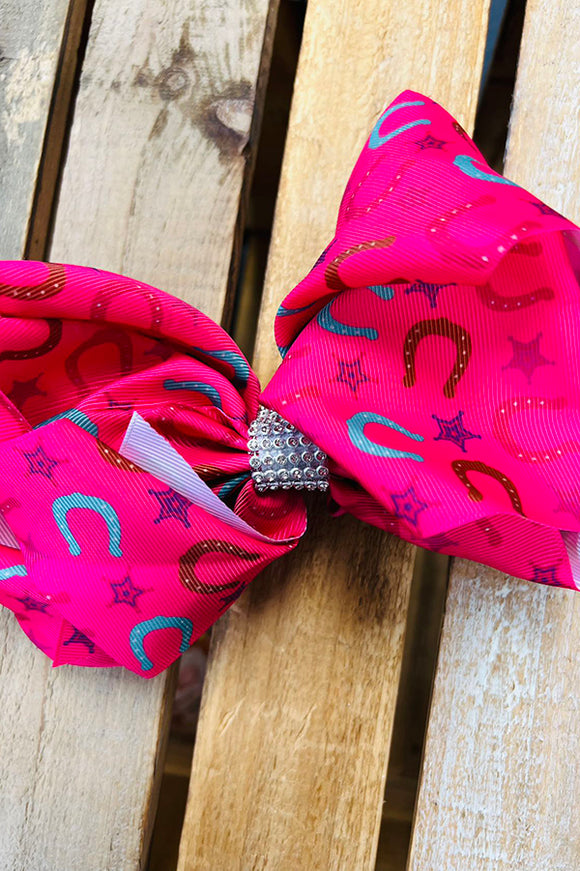 Pink horse shoe printed double layer hair bows 7.5