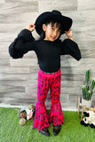 DLH2557 Solid black long sleeve top bull & aztec printed bell bottom 2pc girls sets